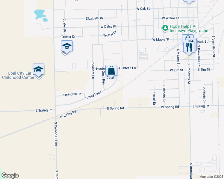 map of restaurants, bars, coffee shops, grocery stores, and more near 815 Covey Lane in Coal City