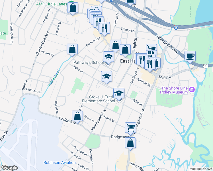 map of restaurants, bars, coffee shops, grocery stores, and more near 200 Tyler Street in East Haven
