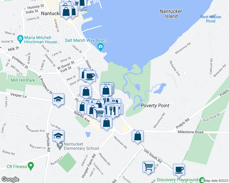 map of restaurants, bars, coffee shops, grocery stores, and more near 6 Harbor Terrace in Nantucket