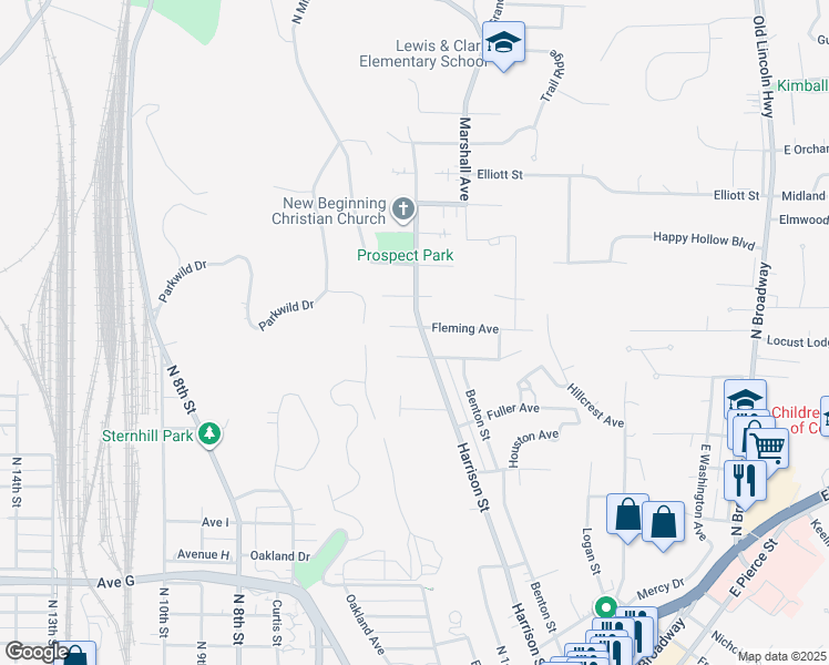 map of restaurants, bars, coffee shops, grocery stores, and more near 214 Fleming Avenue in Council Bluffs