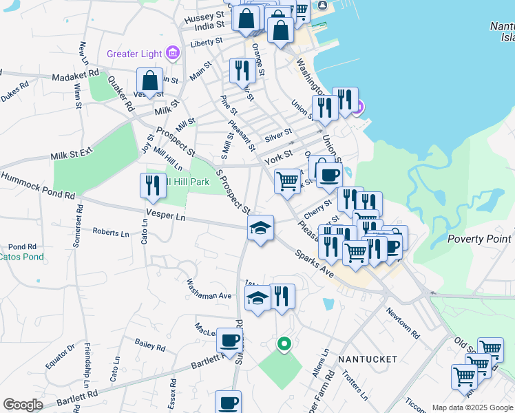 map of restaurants, bars, coffee shops, grocery stores, and more near 20 West York Lane in Nantucket