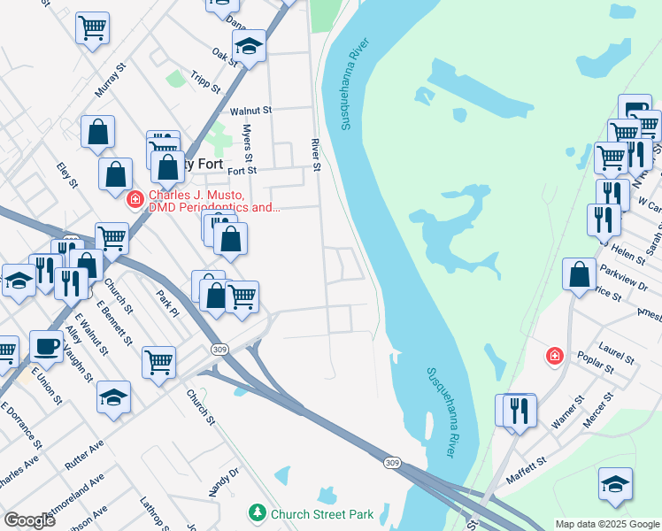 map of restaurants, bars, coffee shops, grocery stores, and more near 374 River Street in Forty Fort