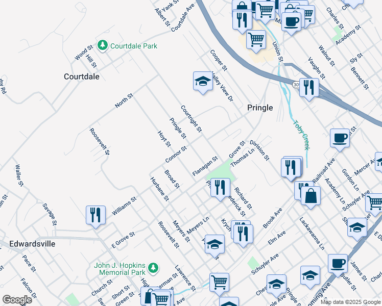 map of restaurants, bars, coffee shops, grocery stores, and more near 408 Pringle Street in Pringle
