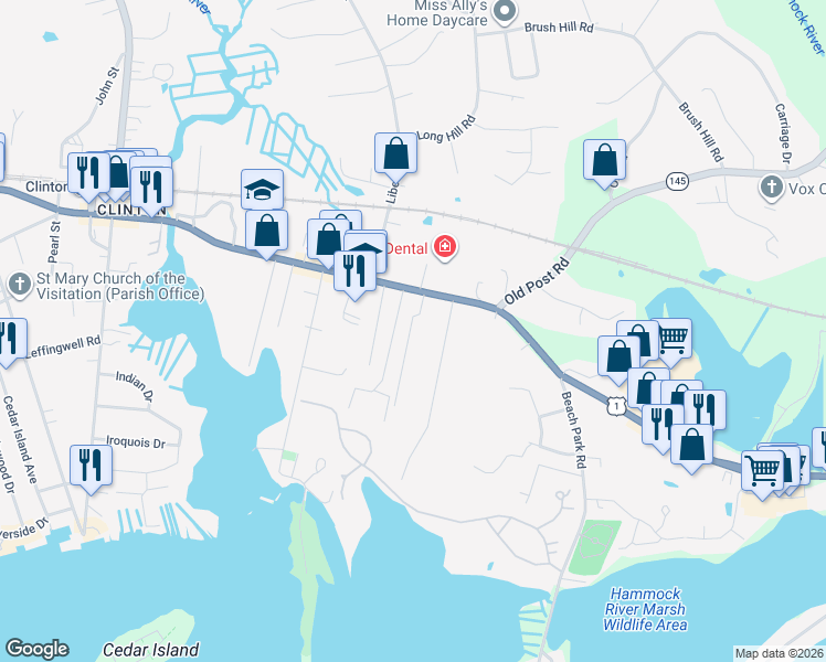 map of restaurants, bars, coffee shops, grocery stores, and more near 4 College Street in Clinton