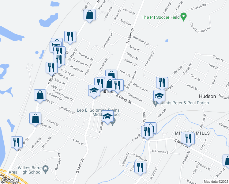 map of restaurants, bars, coffee shops, grocery stores, and more near 34 East Carey Street in Wilkes-Barre