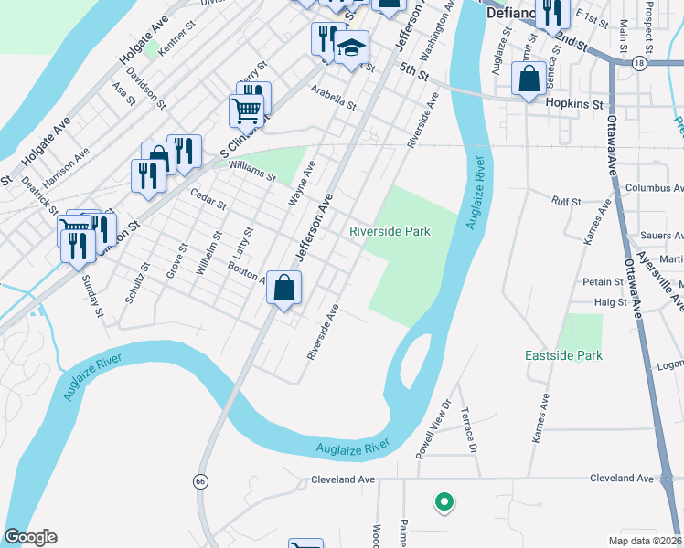 map of restaurants, bars, coffee shops, grocery stores, and more near 1001 Washington Avenue in Defiance