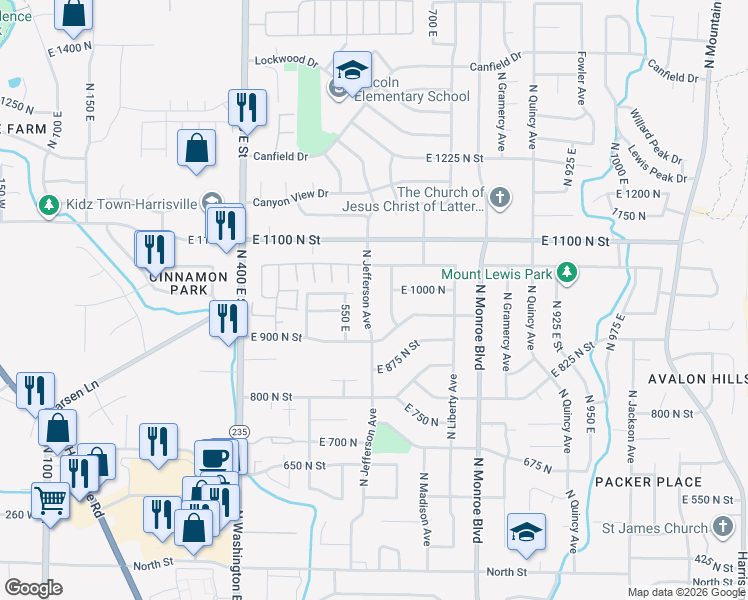 map of restaurants, bars, coffee shops, grocery stores, and more near 976 North Jefferson Avenue in Ogden