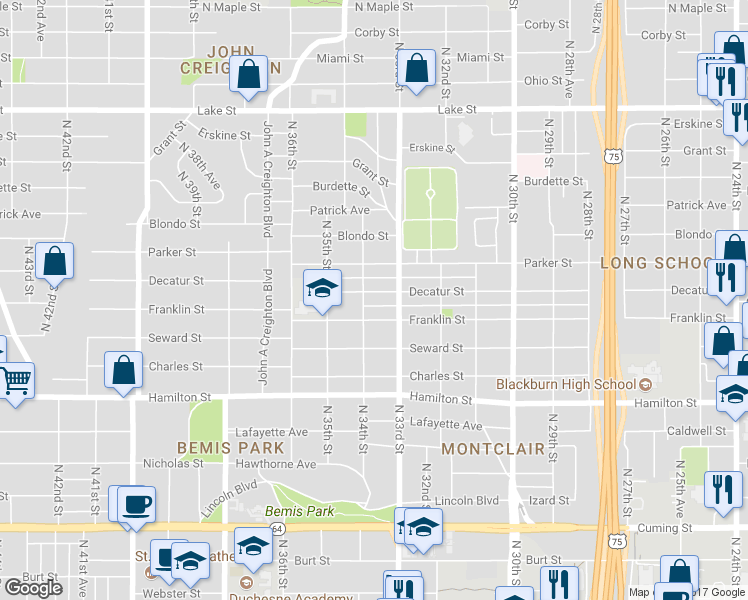 map of restaurants, bars, coffee shops, grocery stores, and more near 3327 Decatur Street in Omaha