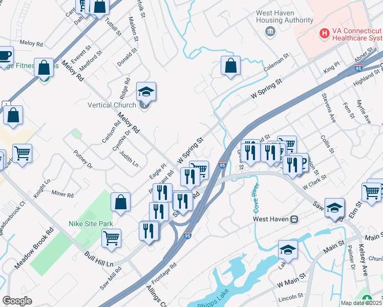 map of restaurants, bars, coffee shops, grocery stores, and more near 428 West Spring Street in West Haven