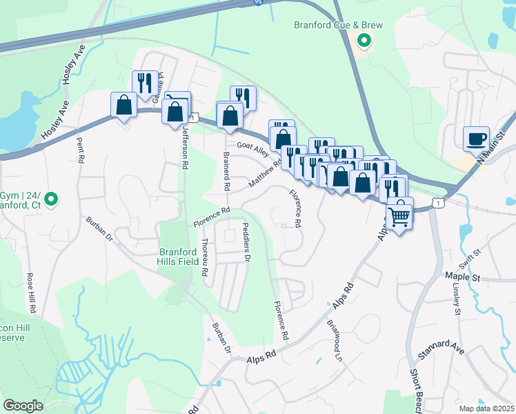 map of restaurants, bars, coffee shops, grocery stores, and more near 119 Florence Road in Branford