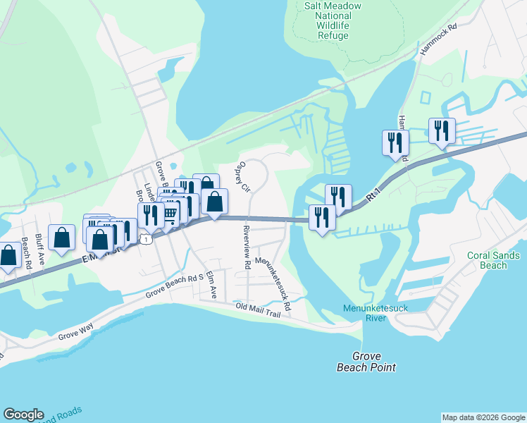 map of restaurants, bars, coffee shops, grocery stores, and more near 250A Boston Post Road in Westbrook