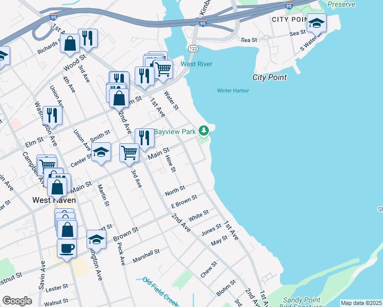 map of restaurants, bars, coffee shops, grocery stores, and more near 276 1st Avenue in West Haven