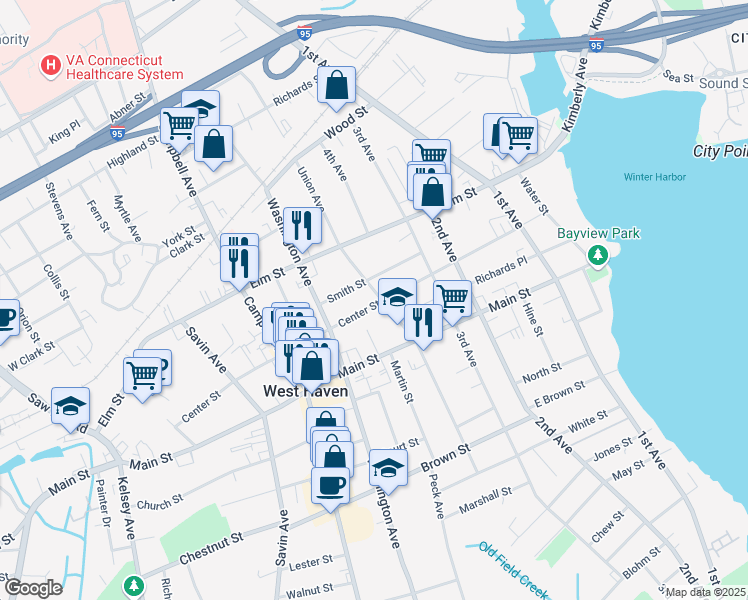 map of restaurants, bars, coffee shops, grocery stores, and more near 167 Center Street in West Haven