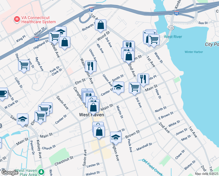 map of restaurants, bars, coffee shops, grocery stores, and more near 167 Center Street in West Haven