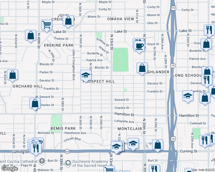 map of restaurants, bars, coffee shops, grocery stores, and more near 3327 Decatur Street in Omaha