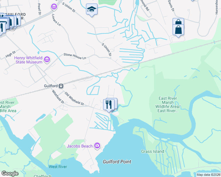 map of restaurants, bars, coffee shops, grocery stores, and more near 75 Seaview Terrace in Guilford