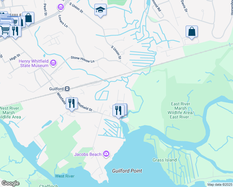 map of restaurants, bars, coffee shops, grocery stores, and more near 80 Seaview Terrace in Guilford