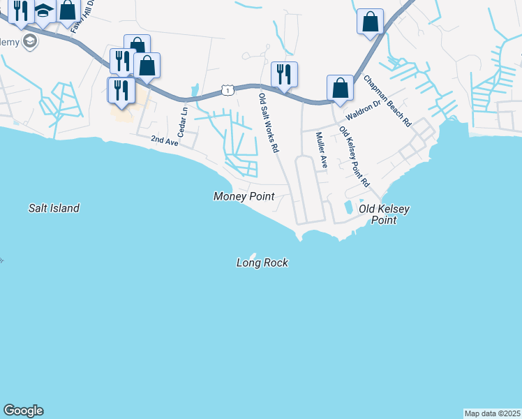 map of restaurants, bars, coffee shops, grocery stores, and more near 175 Old Salt Works Road in Westbrook