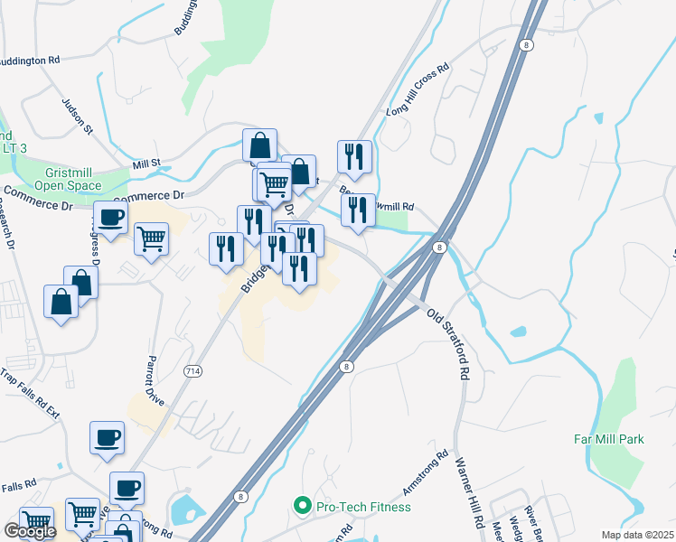 map of restaurants, bars, coffee shops, grocery stores, and more near 708 Bridgeport Avenue in Shelton