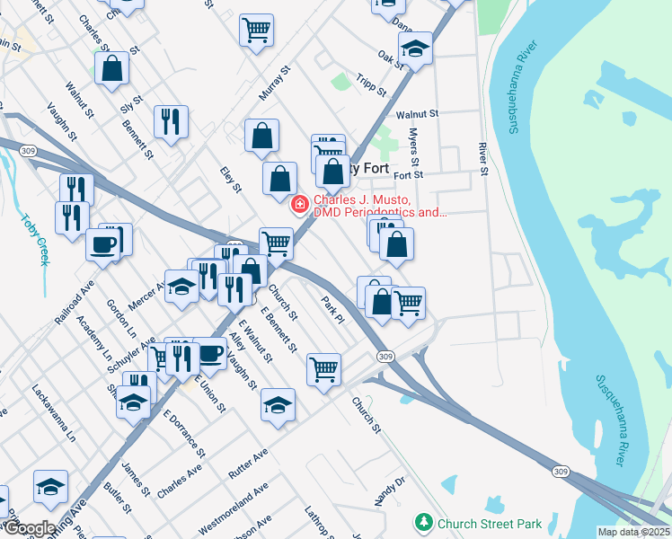 map of restaurants, bars, coffee shops, grocery stores, and more near 59 Virginia Terrace in Forty Fort