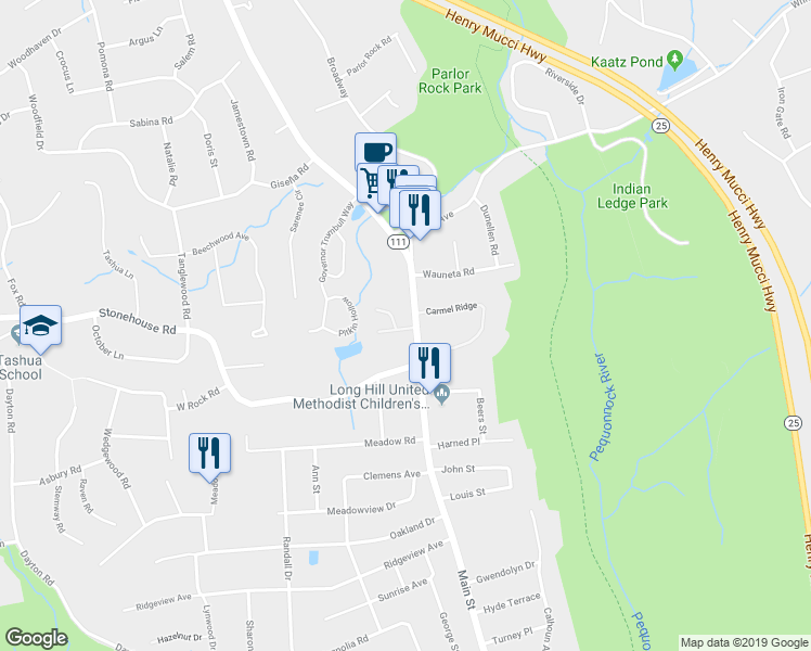 map of restaurants, bars, coffee shops, grocery stores, and more near 20 Sir Thomas Way in Trumbull