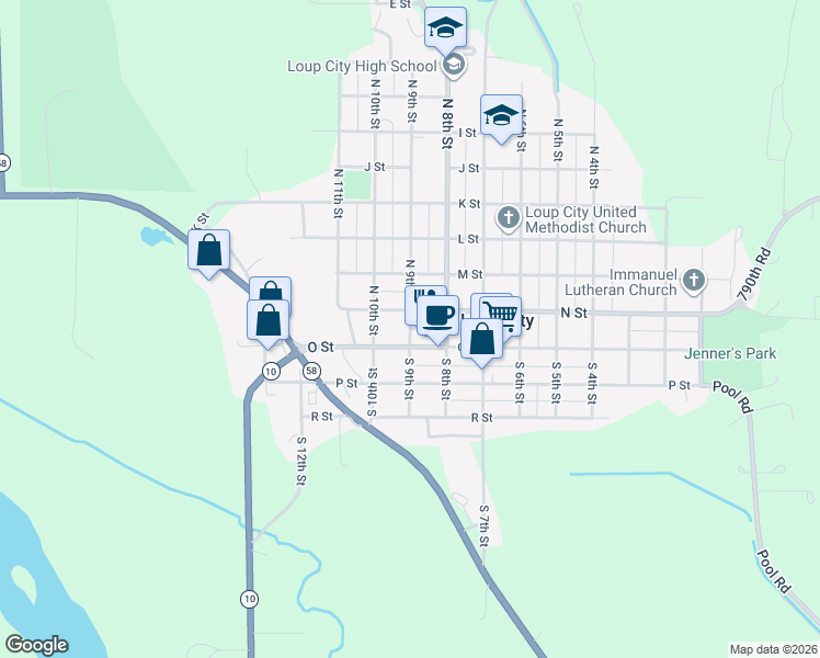 map of restaurants, bars, coffee shops, grocery stores, and more near 50 North 9th Street in Loup City