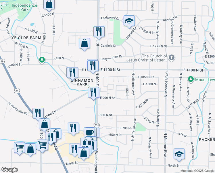 map of restaurants, bars, coffee shops, grocery stores, and more near 451 East 980 North Street in Ogden
