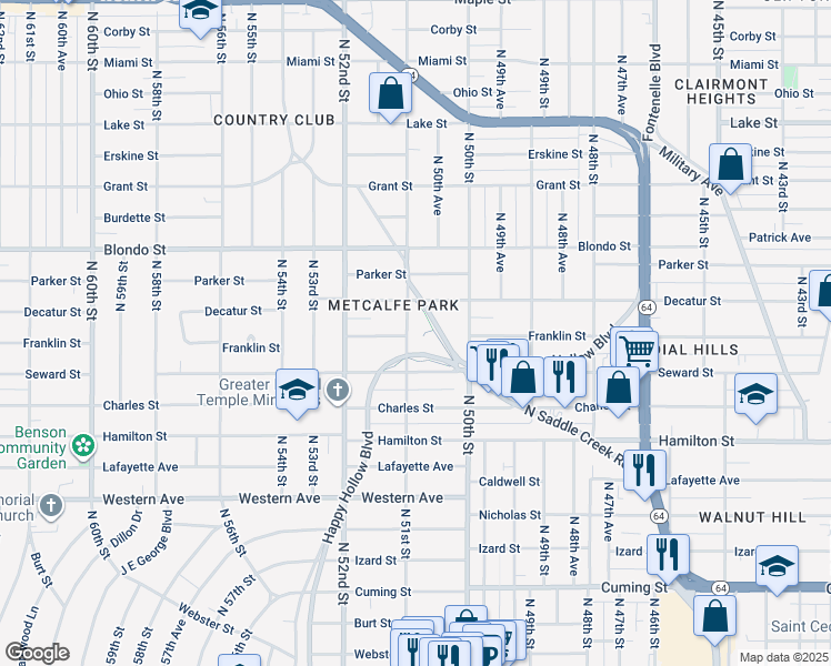 map of restaurants, bars, coffee shops, grocery stores, and more near 1705 North 51st Street in Omaha