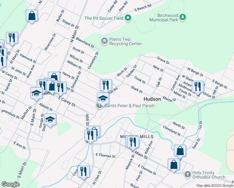 map of restaurants, bars, coffee shops, grocery stores, and more near 18 Crow Street in Wilkes-Barre