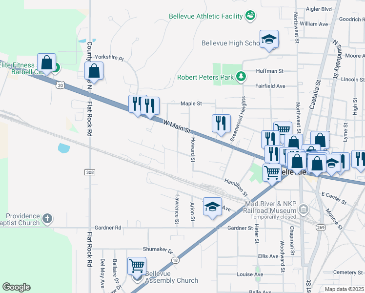 map of restaurants, bars, coffee shops, grocery stores, and more near 117 Lawrence Street in Bellevue