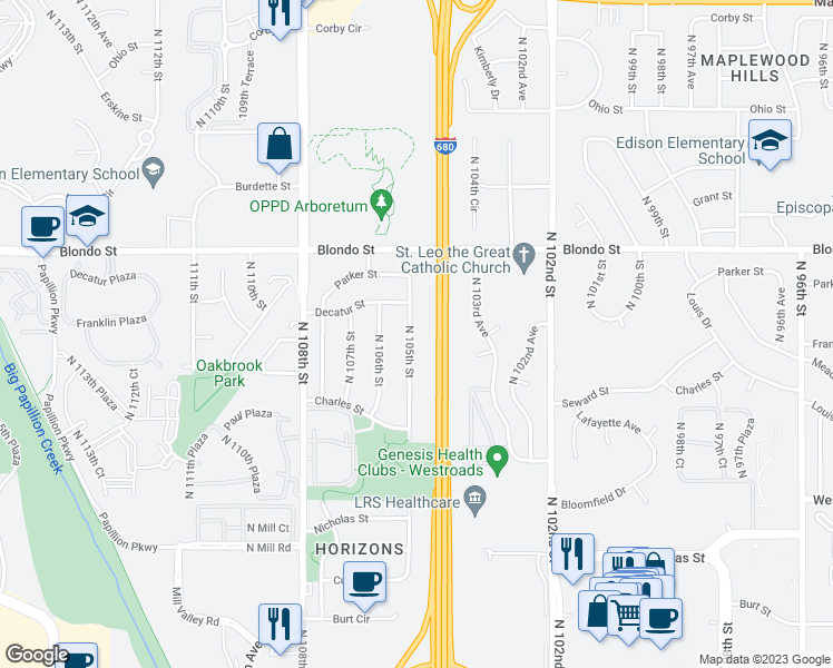 map of restaurants, bars, coffee shops, grocery stores, and more near 1711 North 105th Street in Omaha