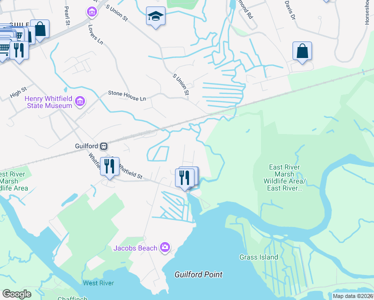 map of restaurants, bars, coffee shops, grocery stores, and more near 75 Seaview Terrace in Guilford