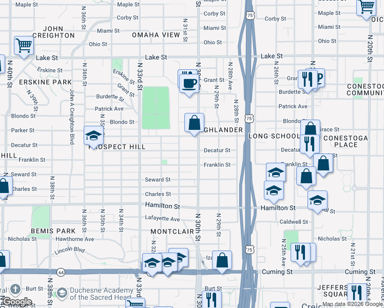 map of restaurants, bars, coffee shops, grocery stores, and more near in Omaha