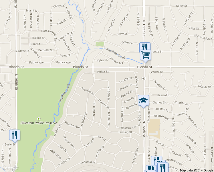 map of restaurants, bars, coffee shops, grocery stores, and more near 16006 Franklin St in Omaha