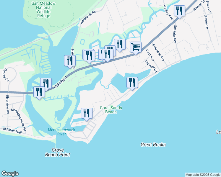 map of restaurants, bars, coffee shops, grocery stores, and more near 52 Dolphin Avenue in Westbrook