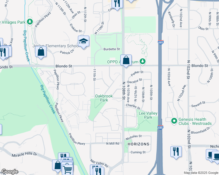 map of restaurants, bars, coffee shops, grocery stores, and more near Oakbrook Drive in Omaha