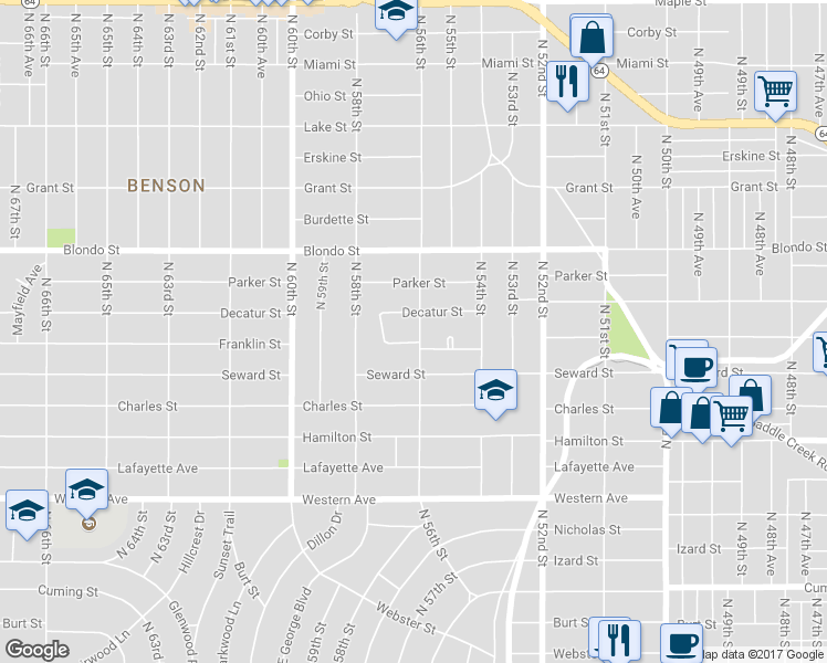 map of restaurants, bars, coffee shops, grocery stores, and more near 1710 N 56th St in Omaha