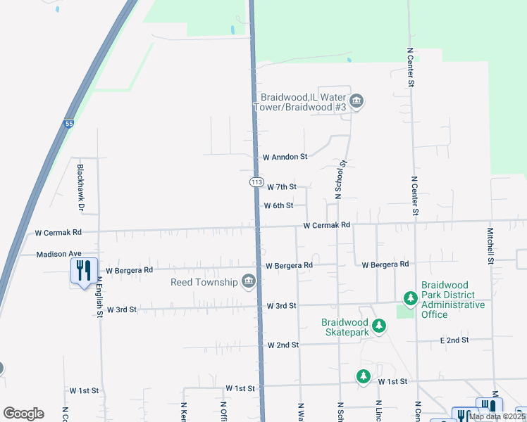 map of restaurants, bars, coffee shops, grocery stores, and more near 495 West 6th Street in Braidwood