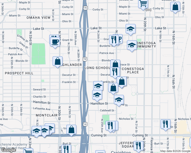 map of restaurants, bars, coffee shops, grocery stores, and more near 2609 Decatur Street in Omaha