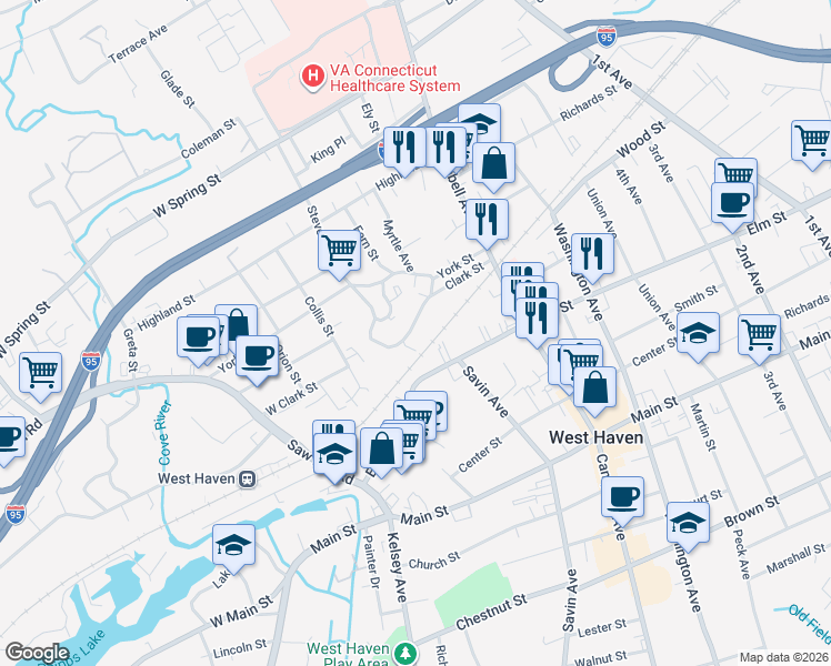 map of restaurants, bars, coffee shops, grocery stores, and more near 93 Clark Street in West Haven