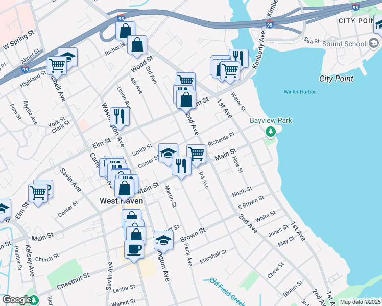 map of restaurants, bars, coffee shops, grocery stores, and more near 519 3rd Ave in West Haven