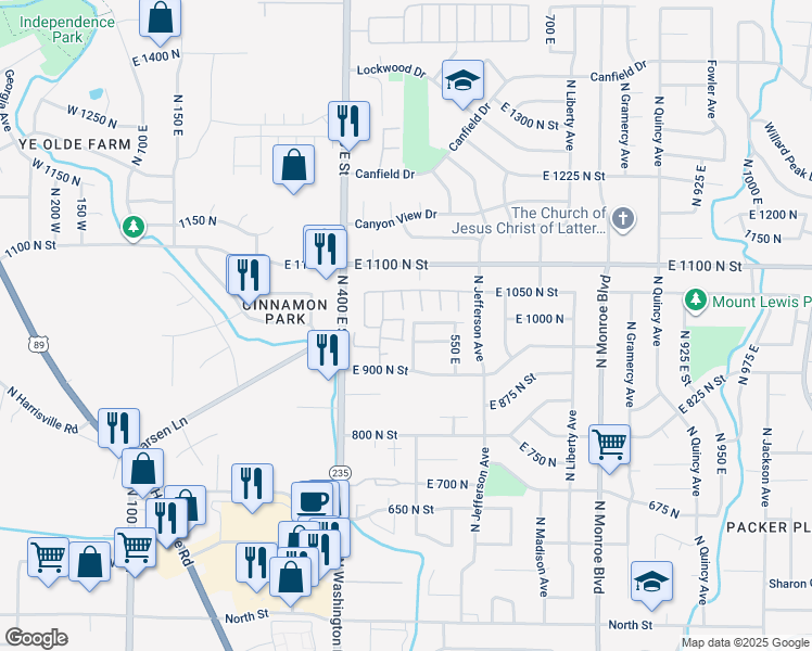 map of restaurants, bars, coffee shops, grocery stores, and more near 461E East 990 North Street in Ogden