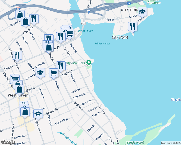 map of restaurants, bars, coffee shops, grocery stores, and more near 16 Bayview Place in West Haven