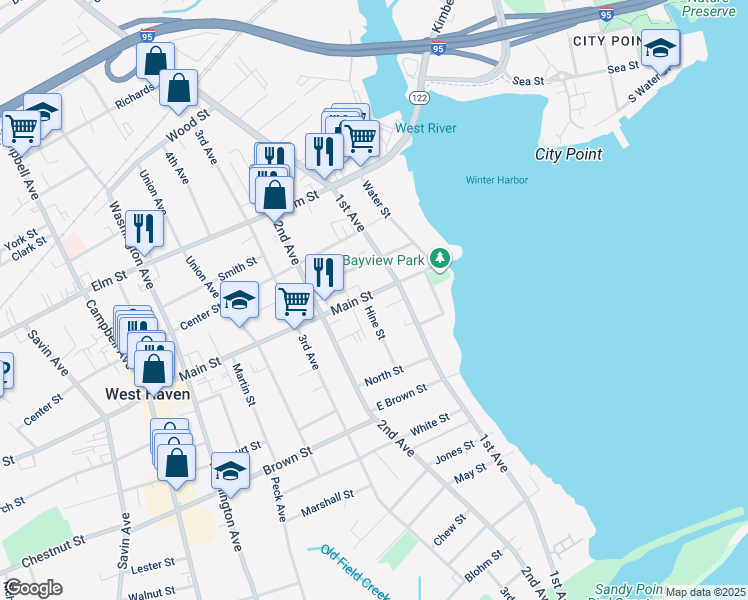 map of restaurants, bars, coffee shops, grocery stores, and more near 97 Main Street in West Haven