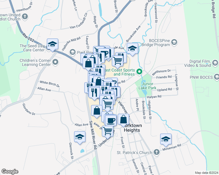 map of restaurants, bars, coffee shops, grocery stores, and more near 1940 Commerce Street in Yorktown Heights