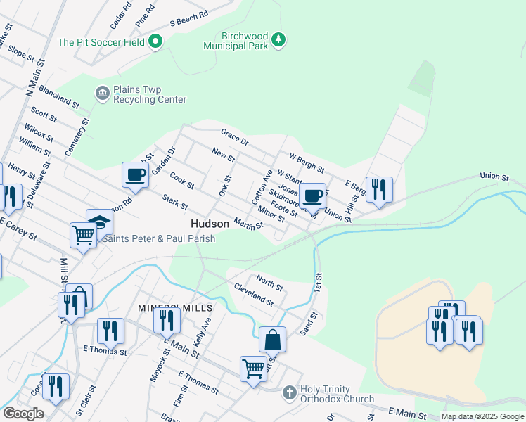 map of restaurants, bars, coffee shops, grocery stores, and more near 76-80 Miner St in Wilkes-Barre