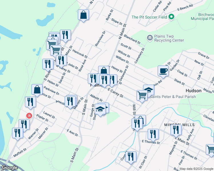 map of restaurants, bars, coffee shops, grocery stores, and more near 35-37 West Merritt Street in Wilkes-Barre