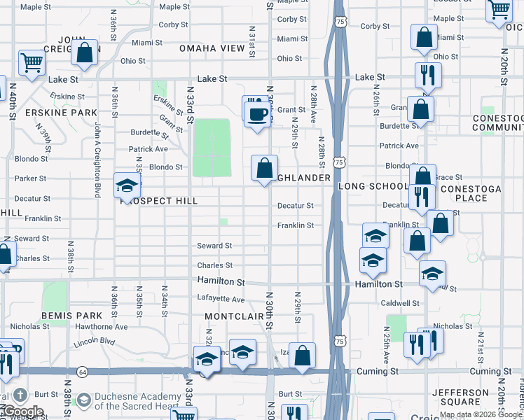 map of restaurants, bars, coffee shops, grocery stores, and more near in Omaha
