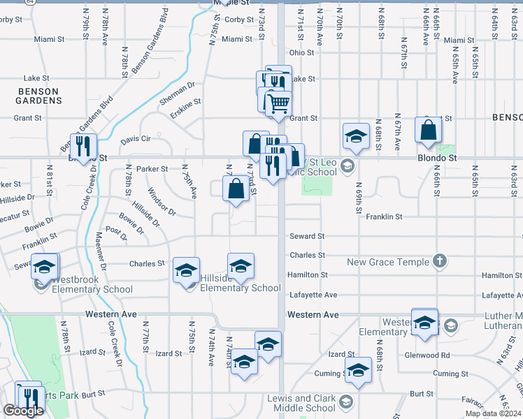 map of restaurants, bars, coffee shops, grocery stores, and more near 1710 North 73rd Street in Omaha