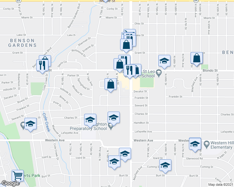 map of restaurants, bars, coffee shops, grocery stores, and more near 1710 North 73rd Street in Omaha